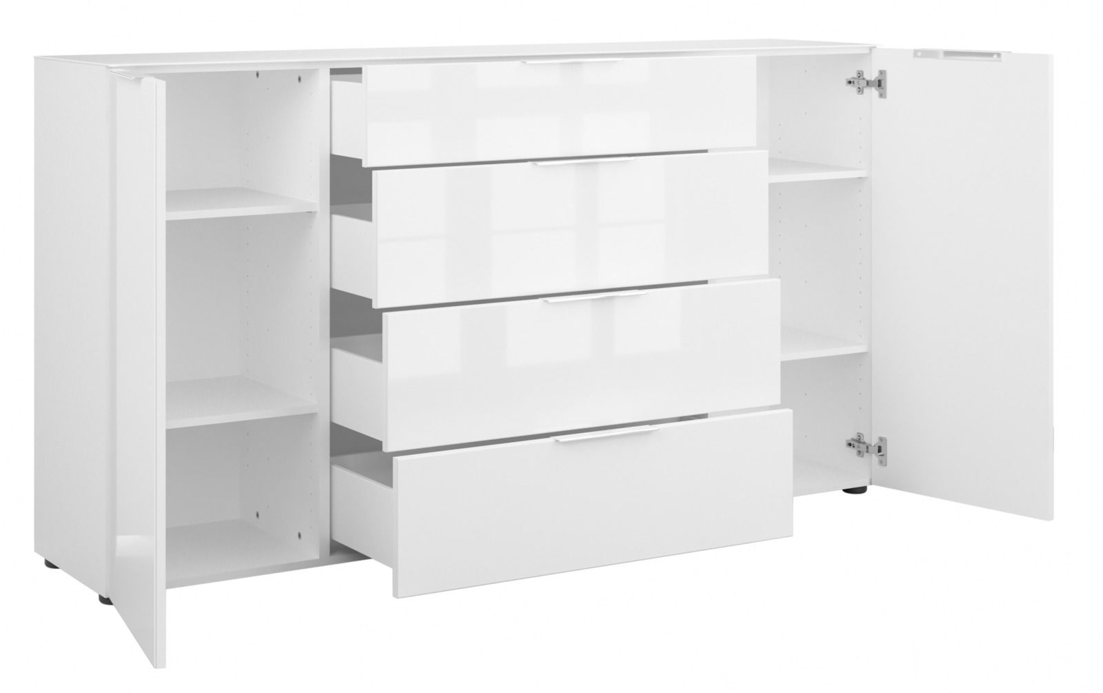 Weißes XL-Sideboard mit offenen Schubladen und Türen, Frontalansicht