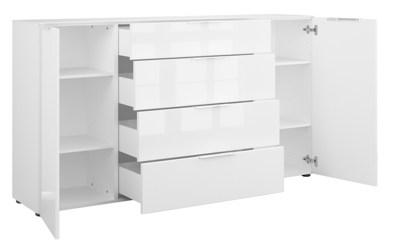 Weißes XL-Sideboard mit offenen Schubladen und Türen, Frontalansicht