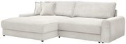 Beiges Cord-Ecksofa mit Ottomane links, breiten Armlehnen und mehreren Rückenkissen, freigestellt auf weißem Hintergrund, Ansicht schräg von vorne.