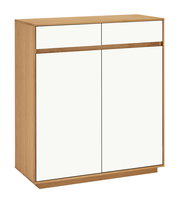 Kommode aus der VOSS Serie V100 in Eichenoptik mit zwei Schubladen und zwei Türen, seitliche Perspektive