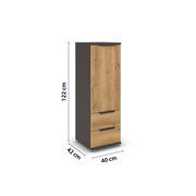 Schmaler Hochschrank in Schwarz mit Holzfront, einer Tür und zwei Schubladen, Maße 122 x 40 x 42 cm, in leicht schräger Frontansicht (3/4-Perspektive) freigestellt auf weißem Hintergrund.