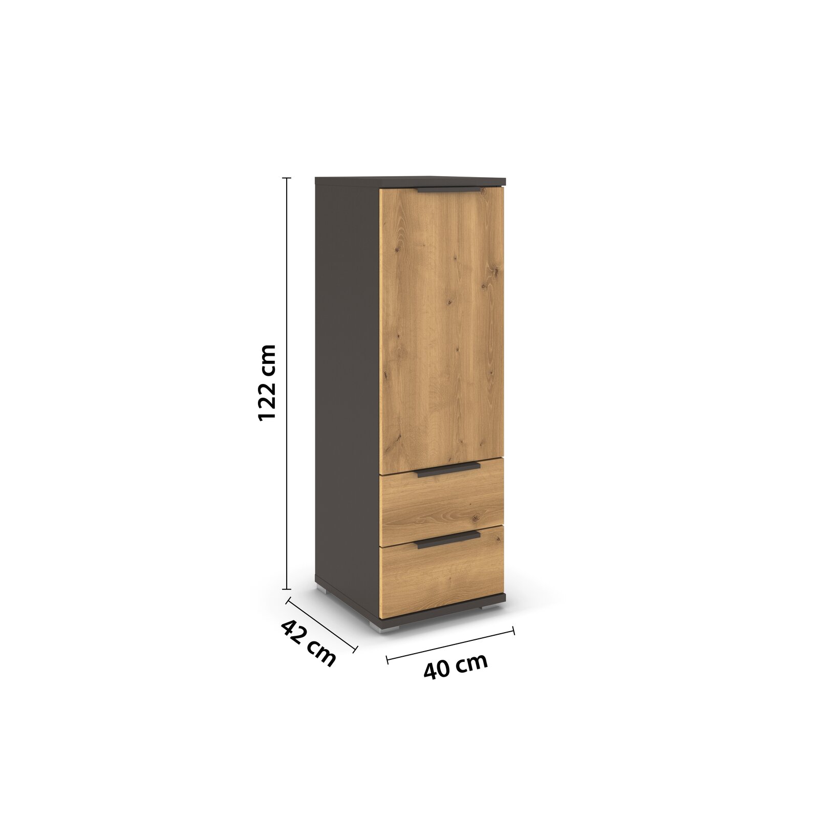 Schmaler Hochschrank in Schwarz mit Holzfront, einer Tür und zwei Schubladen, Maße 122 x 40 x 42 cm, in leicht schräger Frontansicht (3/4-Perspektive) freigestellt auf weißem Hintergrund.