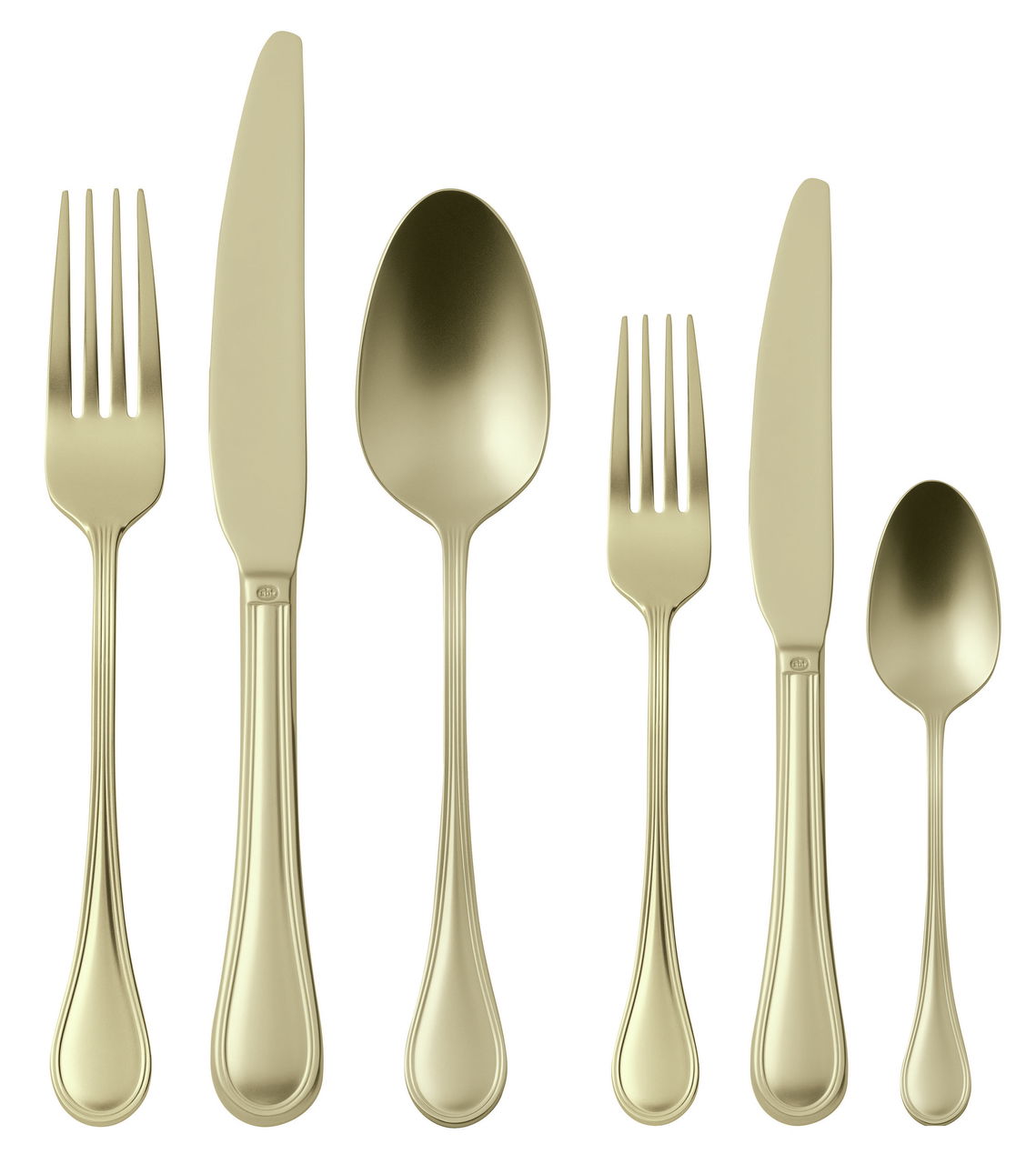 Elegantes Besteckset in Champagnerfarbe, bestehend aus Messer, Gabel, Löffel und Teelöffel, frontal abgebildet.