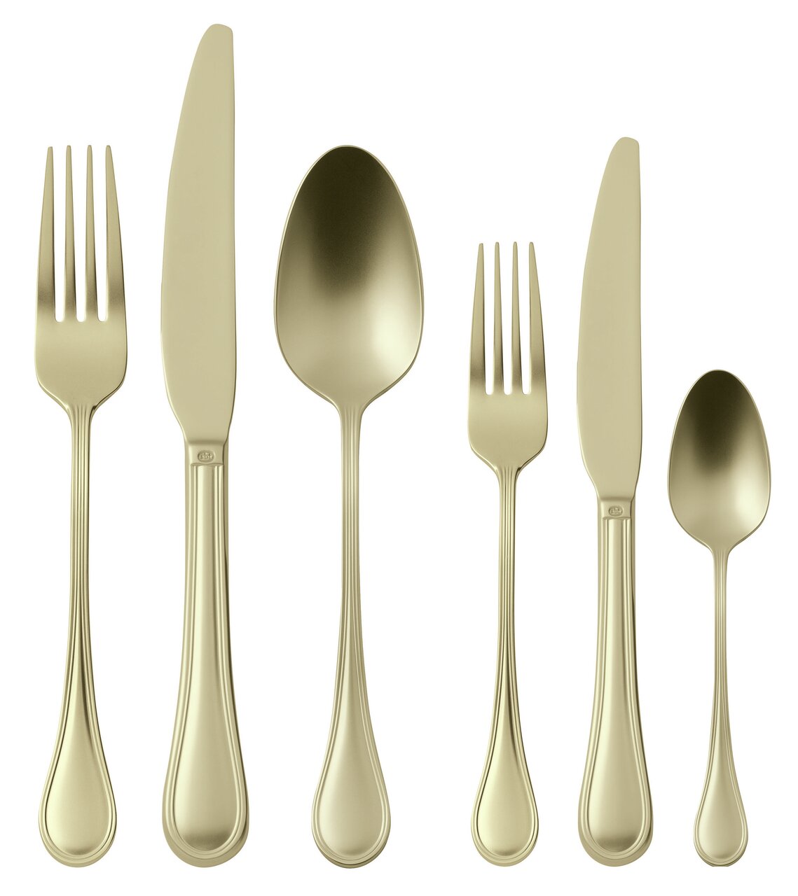 Elegante bestekset in champagnekleur, bestaande uit mes, vork, lepel en theelepel, afgebeeld van voren.