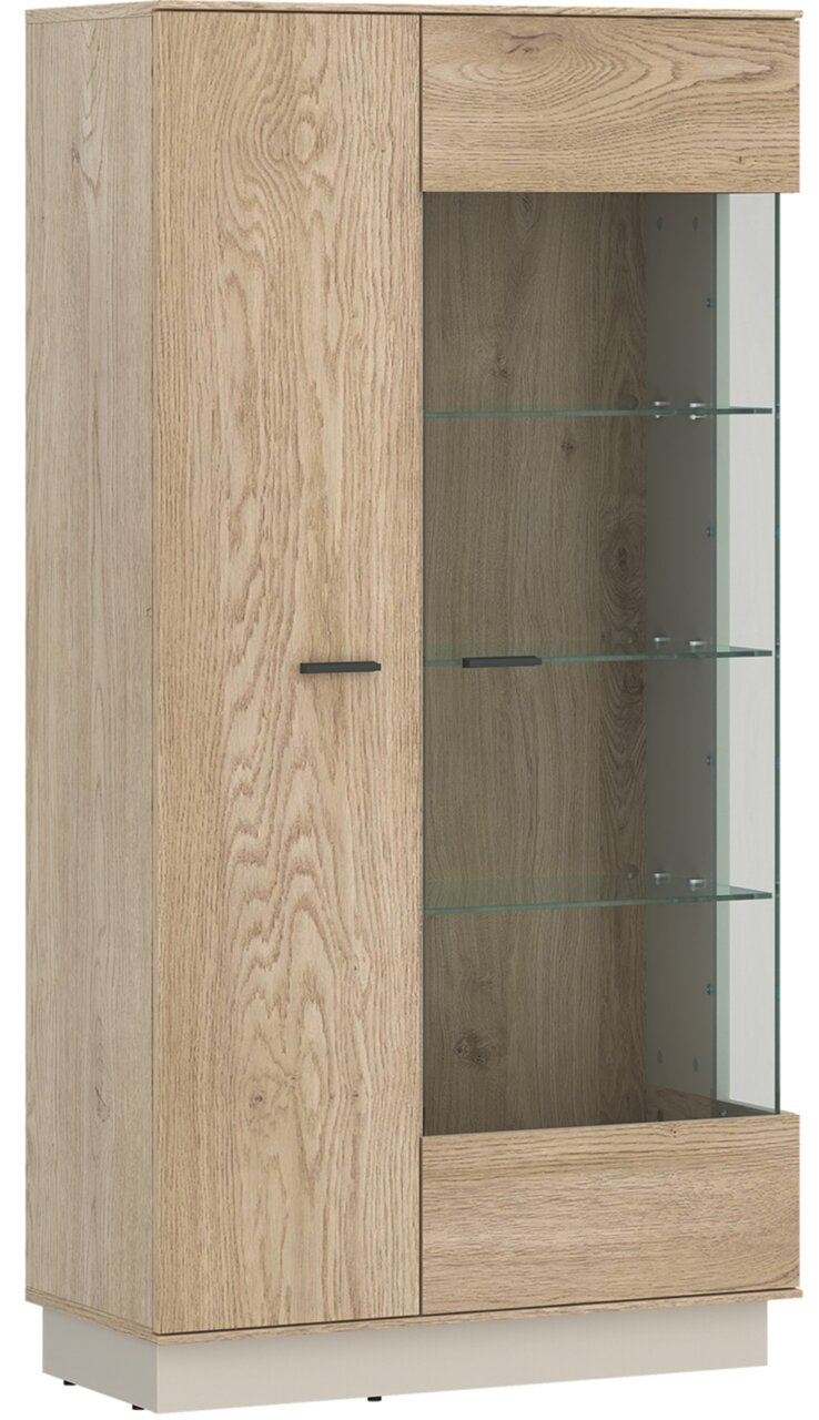 Hochwertige Highboardvitrine aus Holz mit Glastüren, seitliche Perspektive
