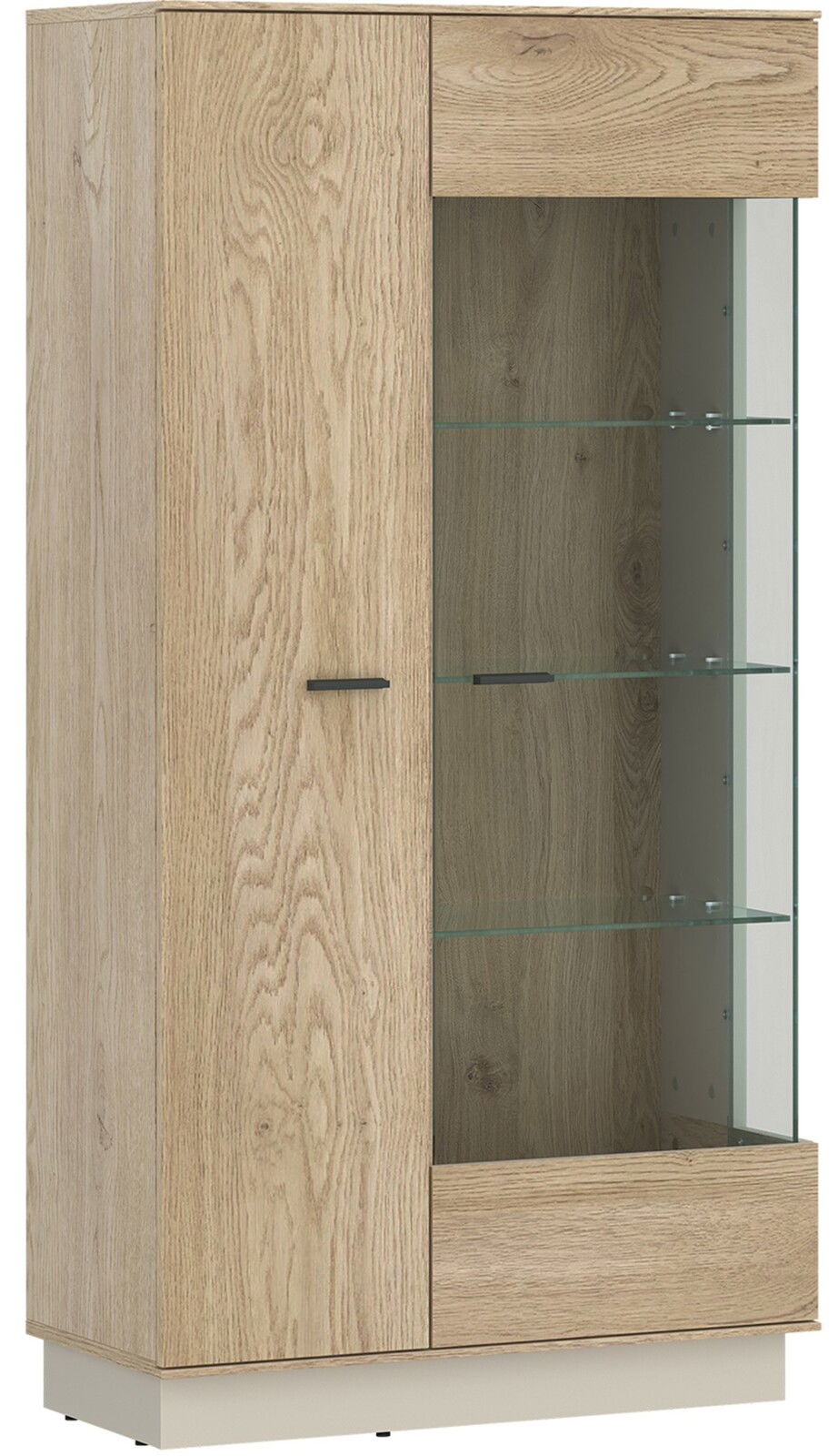 Hochwertige Highboardvitrine aus Holz mit Glastüren, seitliche Perspektive