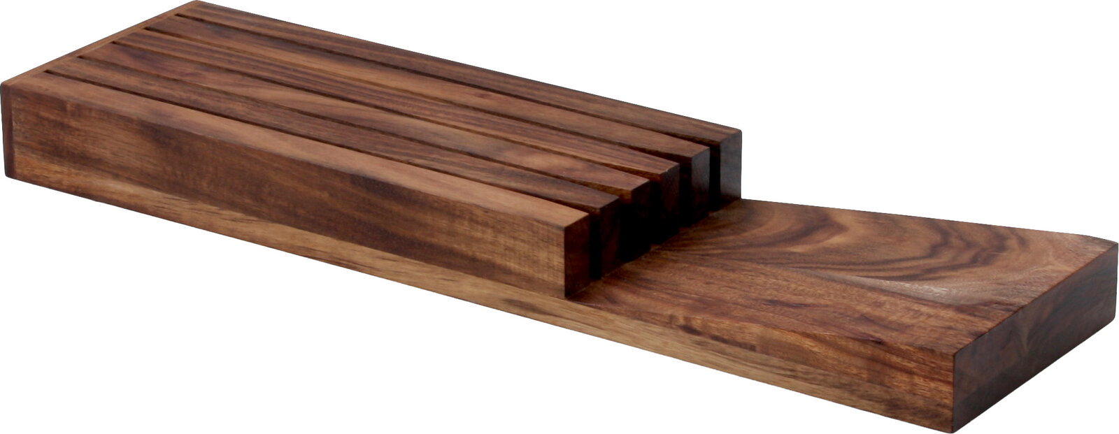 Continenta Messerblock für Schublade Dunkelbrauner Holz-Messerblock mit integrierten Schlitzen, seitliche Perspektive in leichter Draufsicht auf weißem Hintergrund
