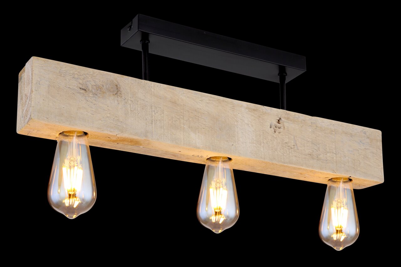 Deckenleuchte mit drei hängenden Glühbirnen, montiert an einem rustikalen Holzbalken, seitliche Perspektive