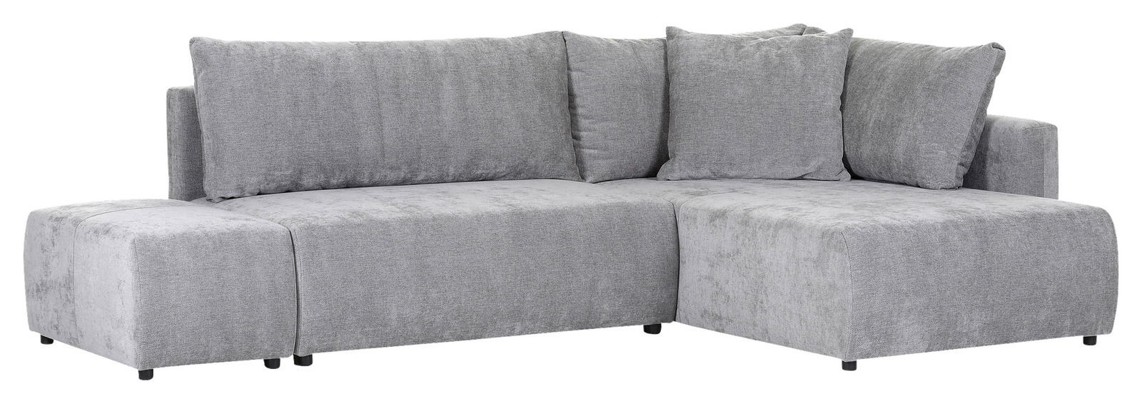 Graues Ecksofa mit weichen Kissen, Ansicht von vorne.