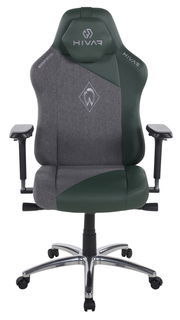 Frontansicht eines modernen Gaming-Stuhls mit grauem und grünem Bezug, verstellbaren Armlehnen und einem stabilen Metallfuß.