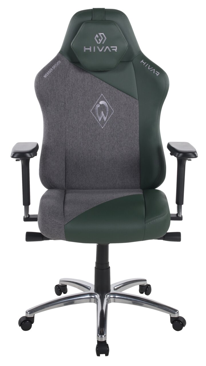 Frontansicht eines modernen Gaming-Stuhls mit grauem und grünem Bezug, verstellbaren Armlehnen und einem stabilen Metallfuß.