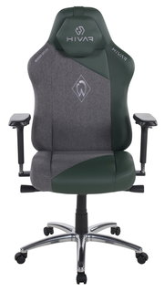 Frontansicht eines modernen Gaming-Stuhls mit grauem und grünem Bezug, verstellbaren Armlehnen und einem stabilen Metallfuß.