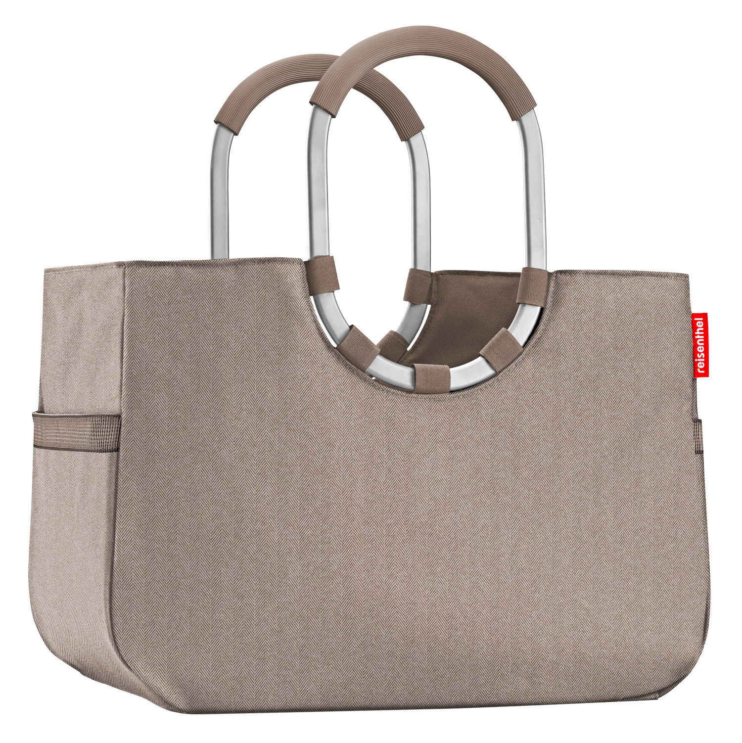 Beige Einkaufstasche mit stabilen, runden Griffen aus Metall und Stoff, seitliche Ansicht.