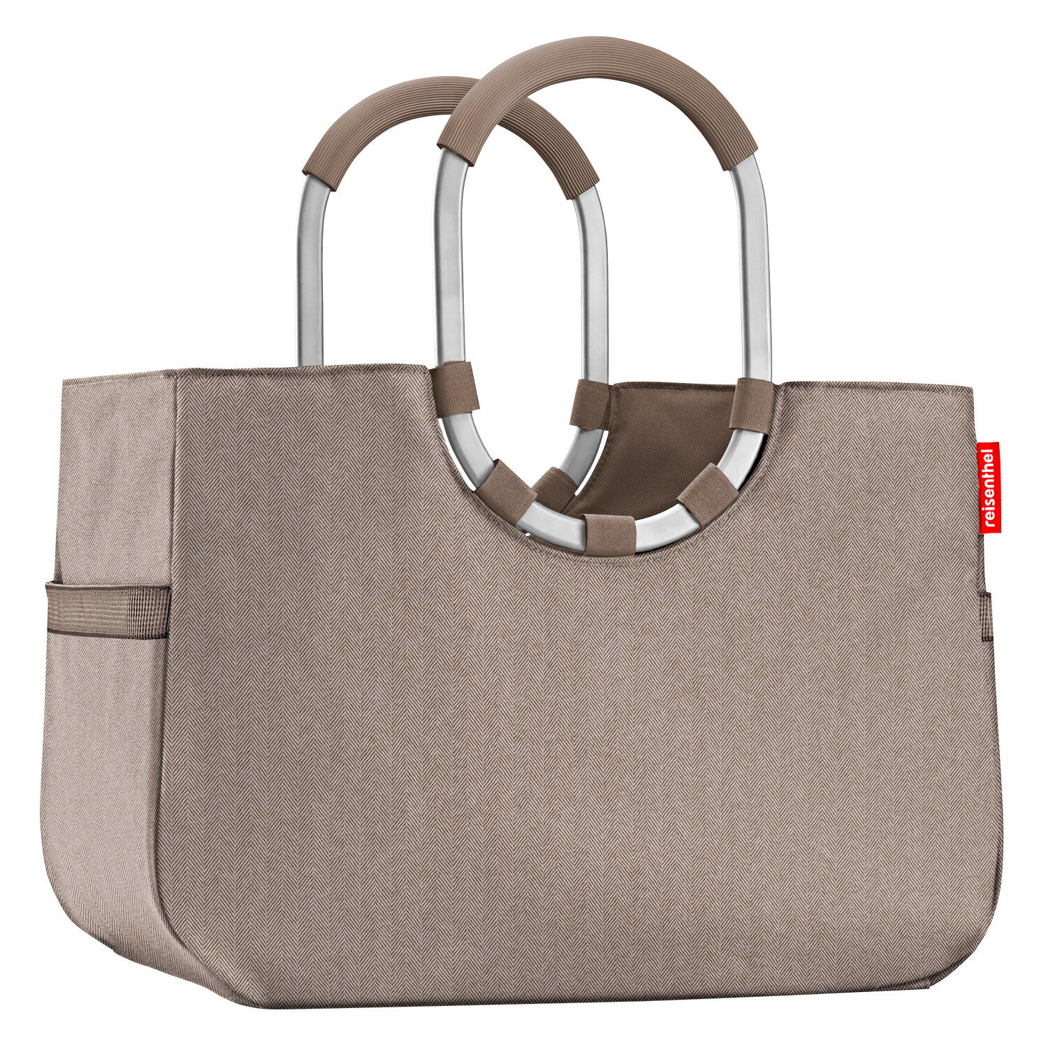 Beige Einkaufstasche mit stabilen, runden Griffen aus Metall und Stoff, seitliche Ansicht.