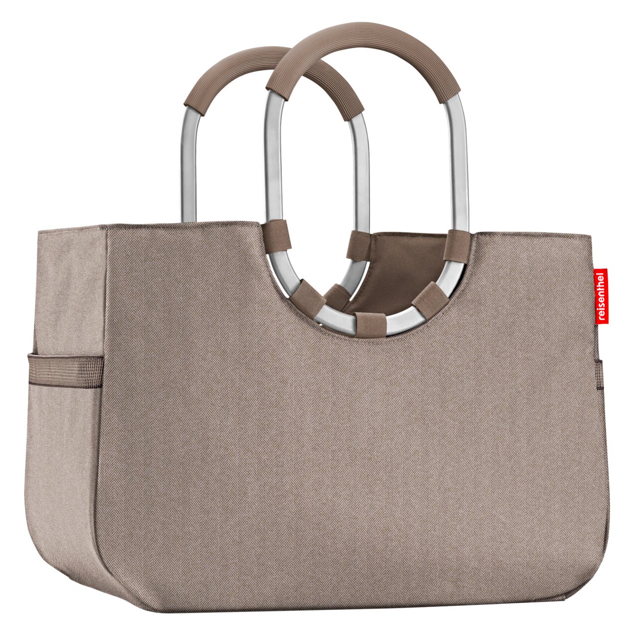 Beige Einkaufstasche mit stabilen, runden Griffen aus Metall und Stoff, seitliche Ansicht.