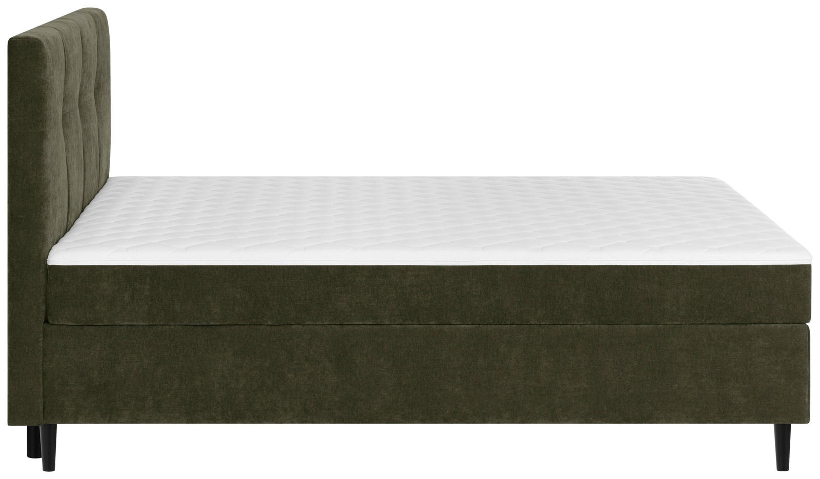 Seitenansicht eines Boxbetts mit dunkelgrünem Stoffbezug und gepolstertem Kopfteil.