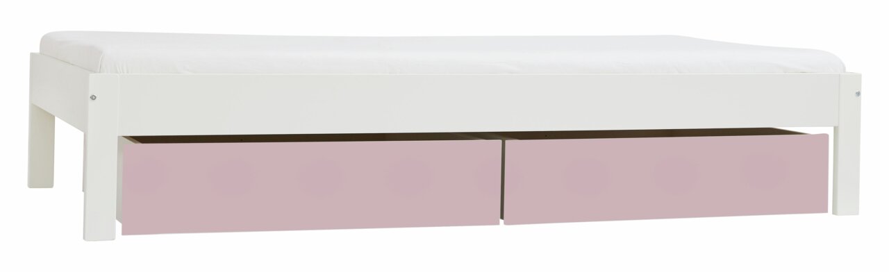 Weißes Bett mit zwei rosa Schubladen, seitliche Perspektive