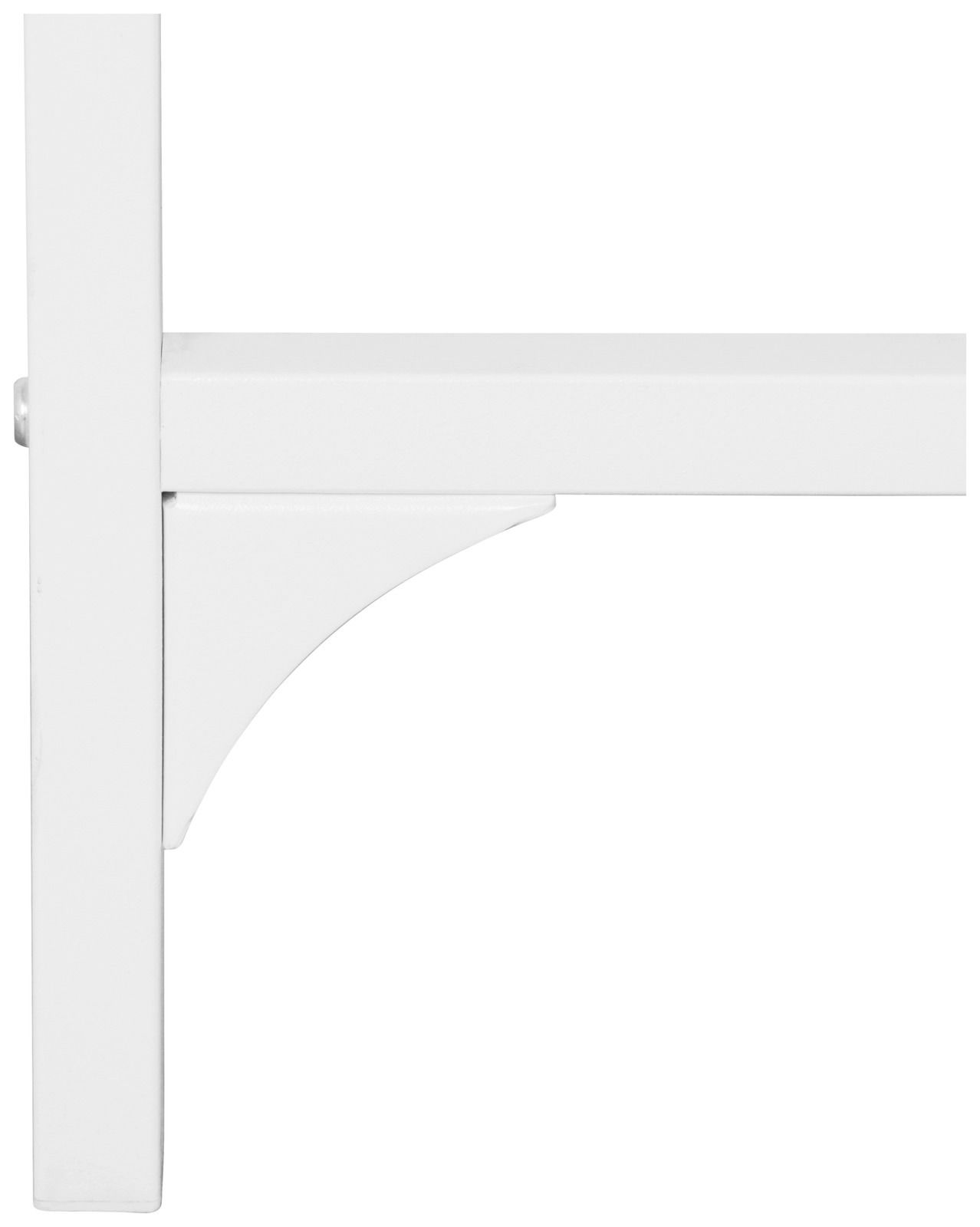 Nahaufnahme eines weißen Tischbeins mit Querstrebe und Stützstrebe, seitliche Perspektive