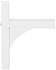 Nahaufnahme eines weißen Tischbeins mit Querstrebe und Stützstrebe, seitliche Perspektive