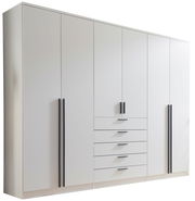 Sechstüriger Drehtürenschrank in Weiß mit schwarzen Griffen, Frontansicht