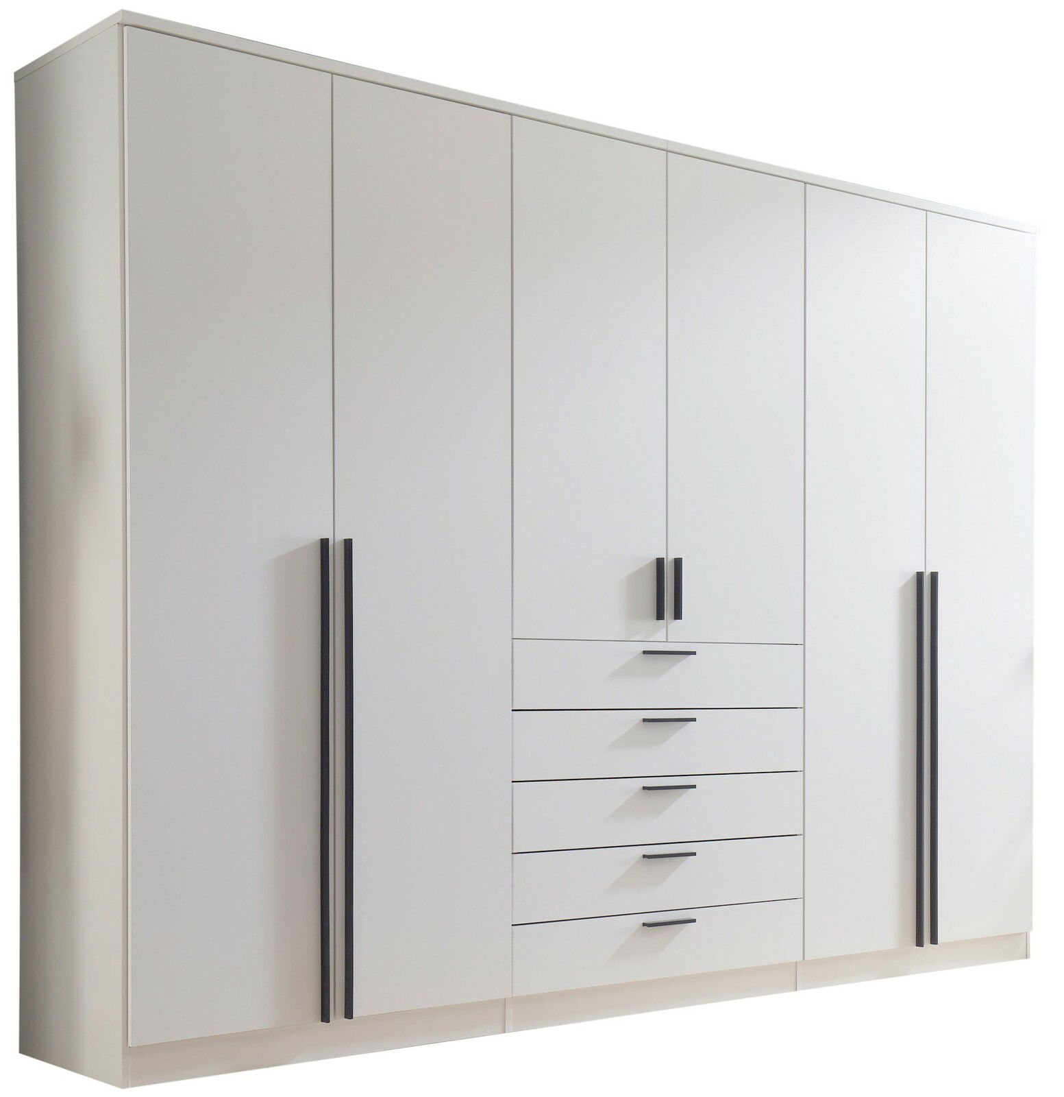 Sechstüriger Drehtürenschrank in Weiß mit schwarzen Griffen, Frontansicht