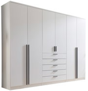 Sechstüriger Drehtürenschrank in Weiß mit schwarzen Griffen, Frontansicht