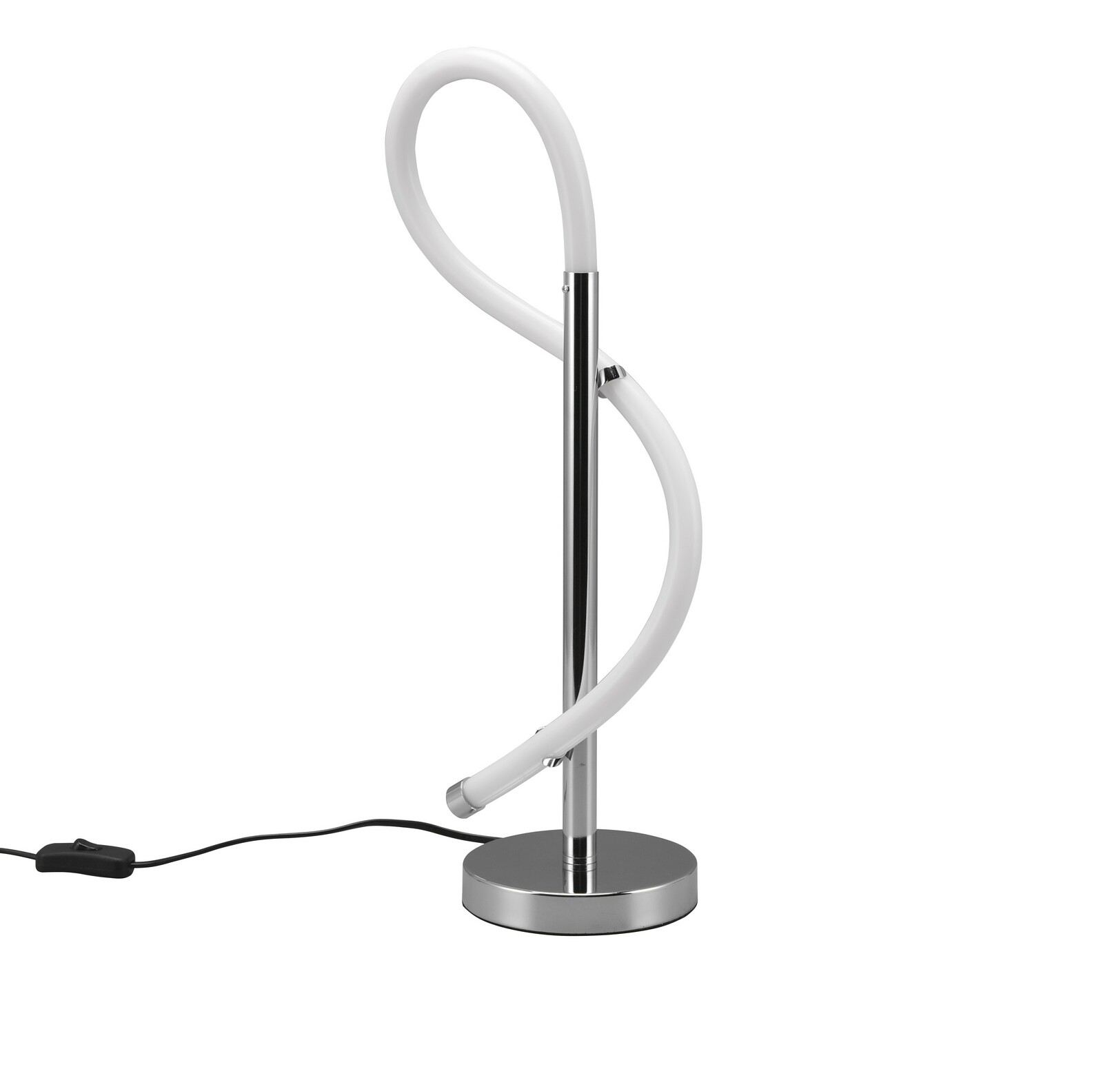 Moderne Tischleuchte mit geschwungenem, weißem Leuchtkörper und verchromtem Standfuß, seitliche Perspektive.