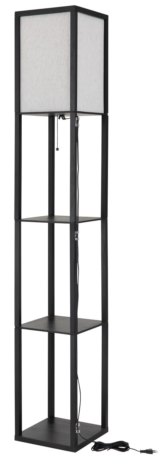 Moderne Stehleuchte mit schwarzem Rahmen und drei Regalböden, seitliche Perspektive