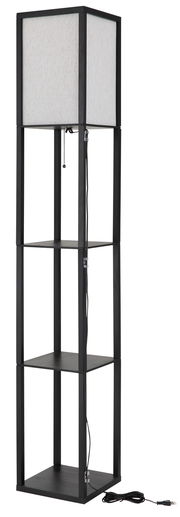 Moderne Stehleuchte mit schwarzem Rahmen und drei Regalböden, seitliche Perspektive