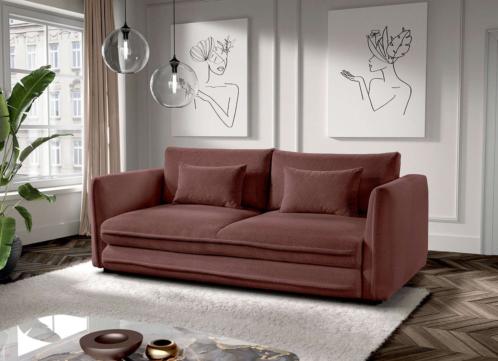Rotes Funktionssofa in einem modernen Wohnzimmer, seitliche Perspektive