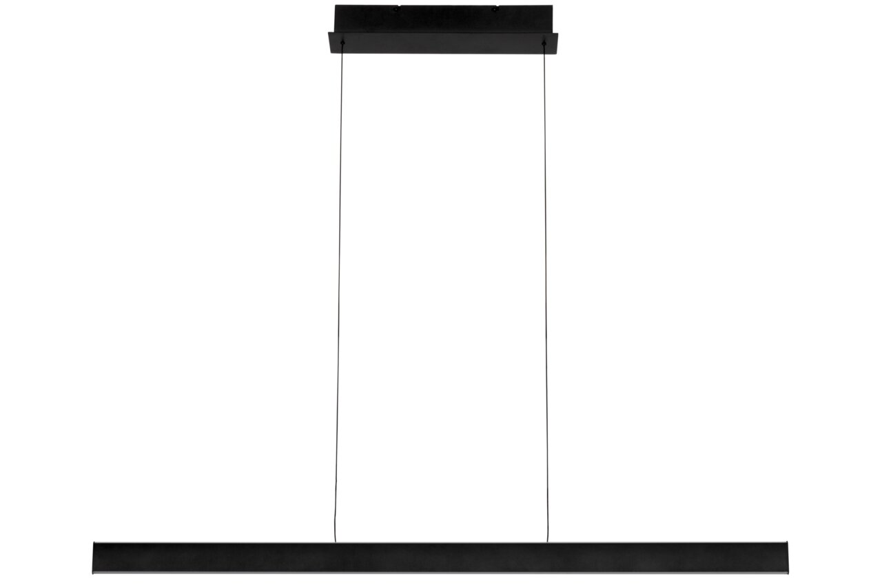 Moderne LED-Hängeleuchte in schwarzem Design, frontal abgebildet.