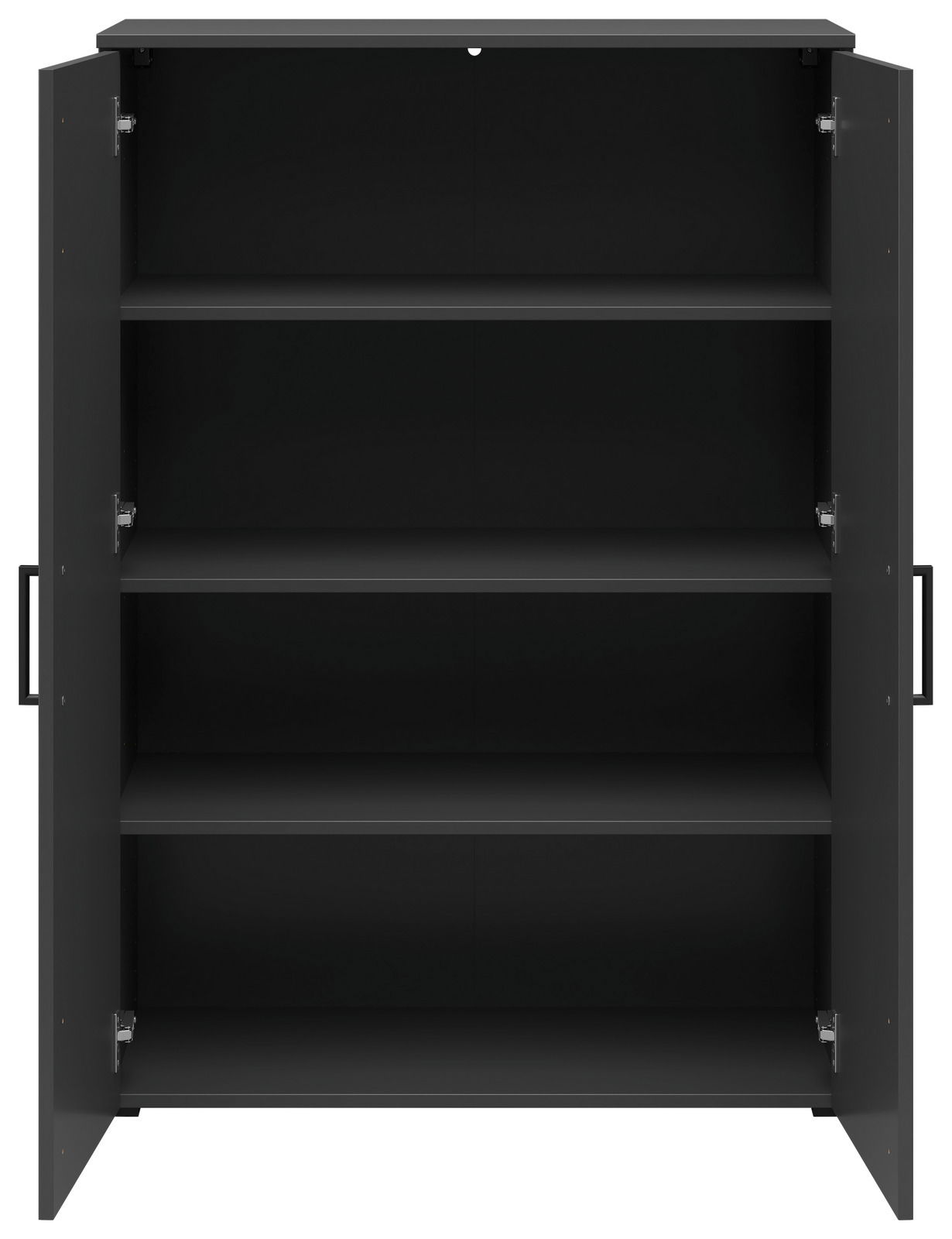 Schwarze Kommode mit offenen Türen und drei Regalböden, frontale Ansicht