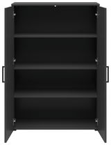 Schwarze Kommode mit offenen Türen und drei Regalböden, frontale Ansicht