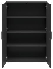 Schwarze Kommode mit offenen Türen und drei Regalböden, frontale Ansicht