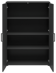 Schwarze Kommode mit offenen Türen und drei Regalböden, frontale Ansicht