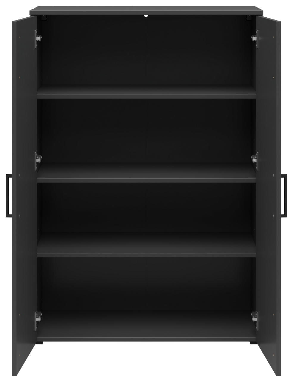 Schwarze Kommode mit offenen Türen und drei Regalböden, frontale Ansicht