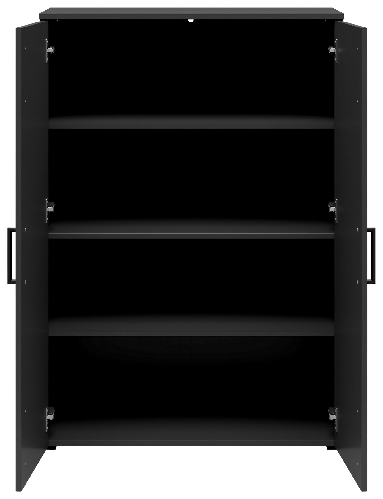 Schwarze Kommode mit offenen Türen und drei Regalböden, frontale Ansicht