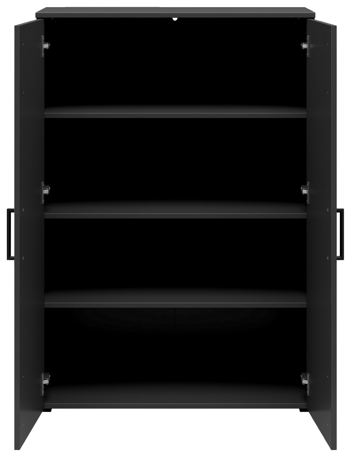 Schwarze Kommode mit offenen Türen und drei Regalböden, frontale Ansicht
