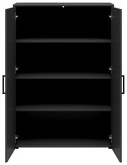 Schwarze Kommode mit offenen Türen und drei Regalböden, frontale Ansicht