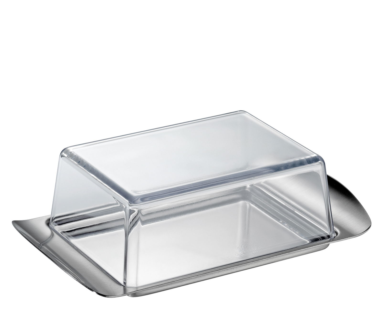 Butterdose COMPACT aus Edelstahl mit transparentem Deckel, seitliche Perspektive
