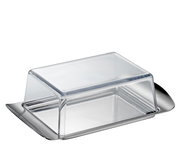 Butterdose COMPACT aus Edelstahl mit transparentem Deckel, seitliche Perspektive