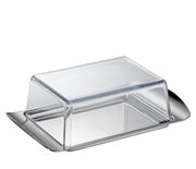 Butterdose COMPACT aus Edelstahl mit transparentem Deckel, seitliche Perspektive