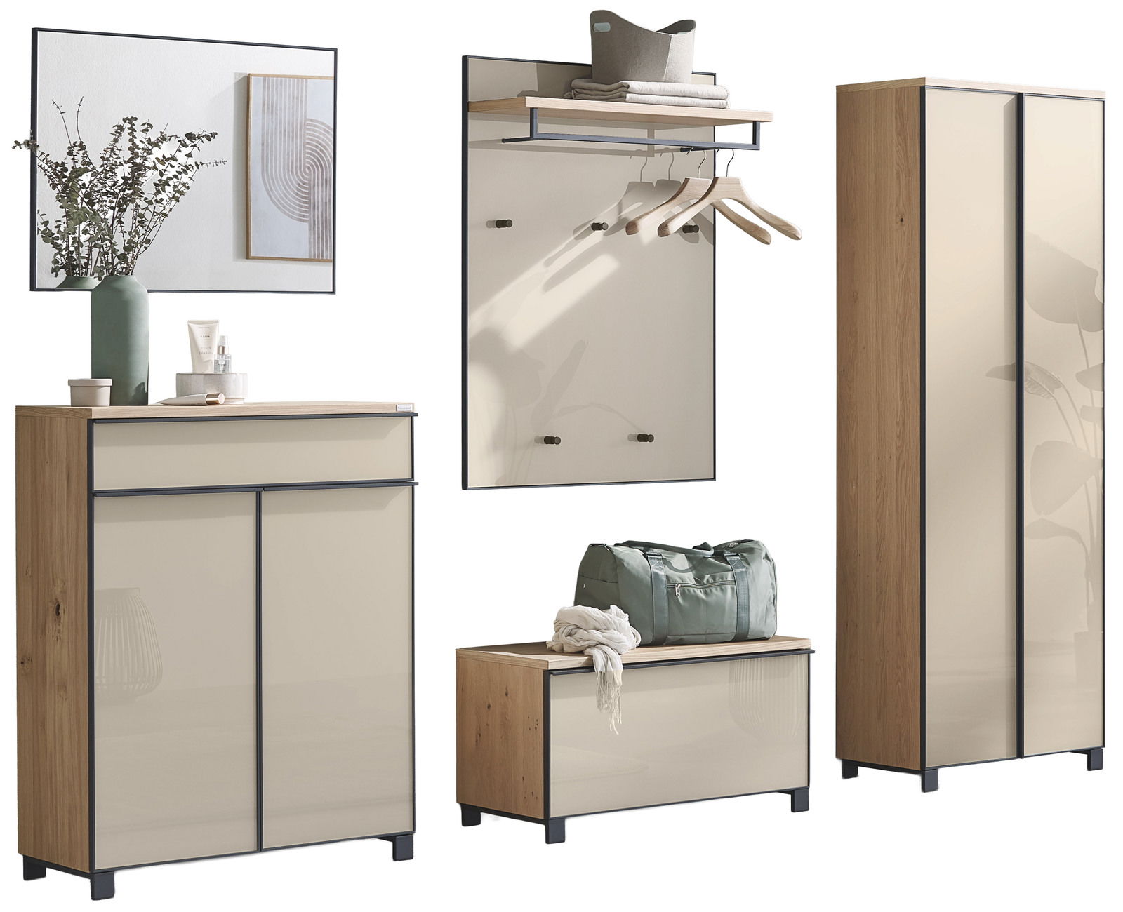 Modernes 5-teiliges Garderoben-Set in Holzoptik mit Spiegel, Schuhschrank, Kleiderhaken und Stauraum, frontal abgebildet.
