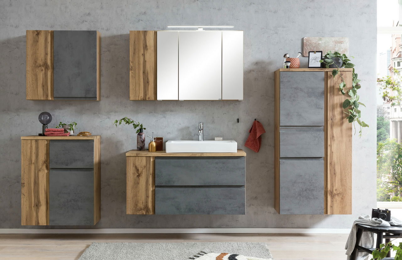 Moderner Midischrank 65 cm in Holz- und Betonoptik, frontal abgebildet in einem stilvollen Badezimmer.