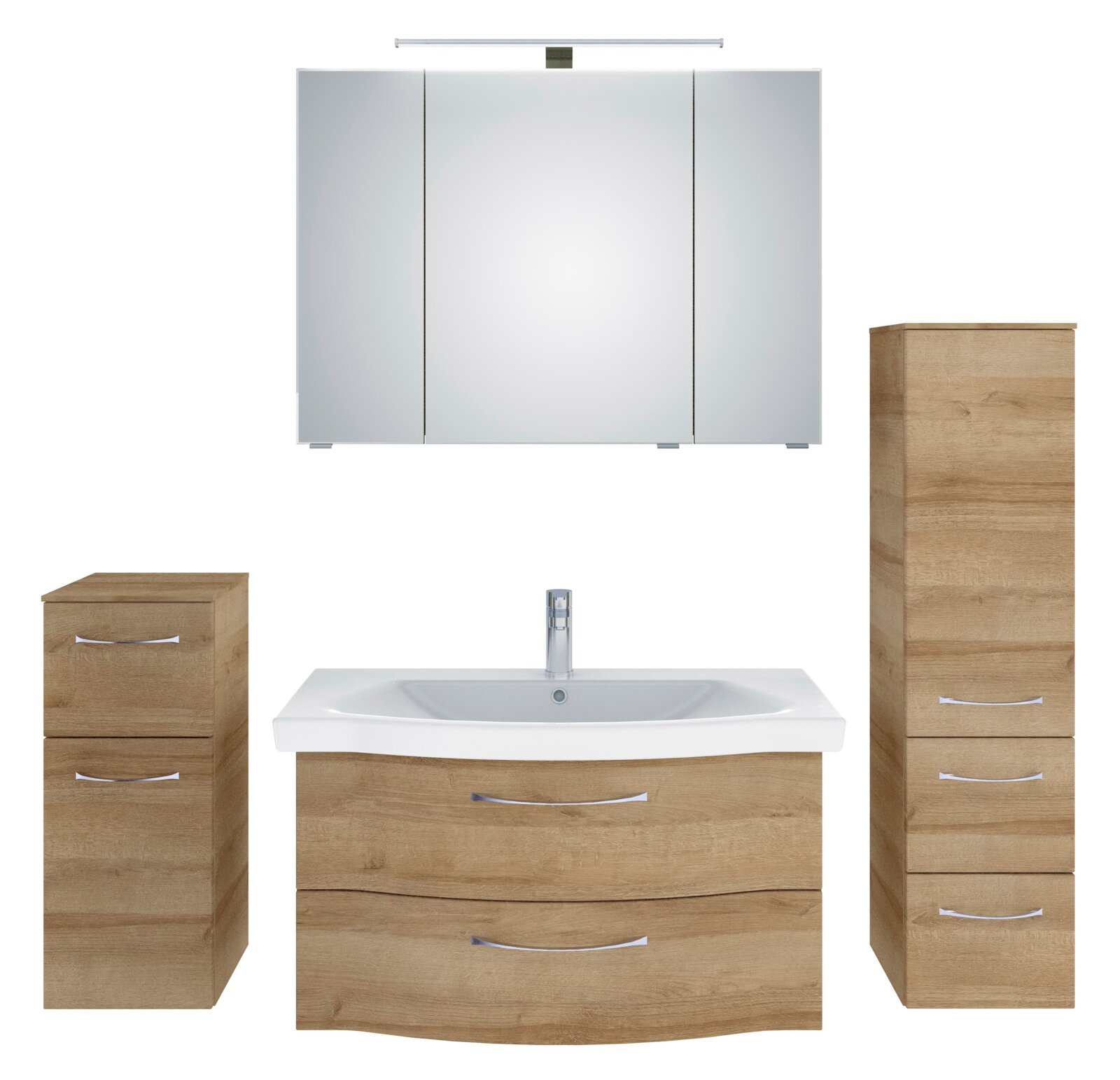 Pelipal Badblock SERIE 6005 SPRINT Badezimmermöbel-Set in Holzoptik mit Waschbeckenunterschrank, Spiegelschrank und zwei Hochschränken, frontale Ansicht