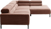 Moderne modulaire hoekbank met chaise longue in tweekleurig lichtroze en bruin ribcord, schuin van voren gezien