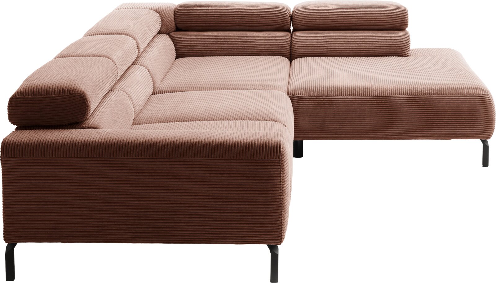 Moderne modulaire hoekbank met chaise longue in tweekleurig lichtroze en bruin ribcord, schuin van voren gezien