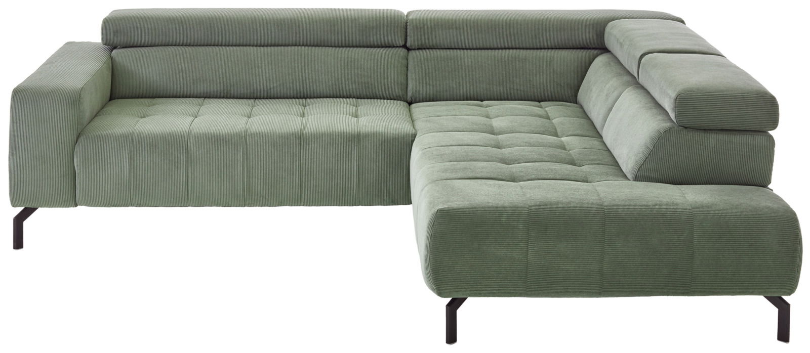 Grüne Eckgarnitur mit verstellbaren Kopfstützen, aus einer leicht erhöhten Perspektive fotografiert.