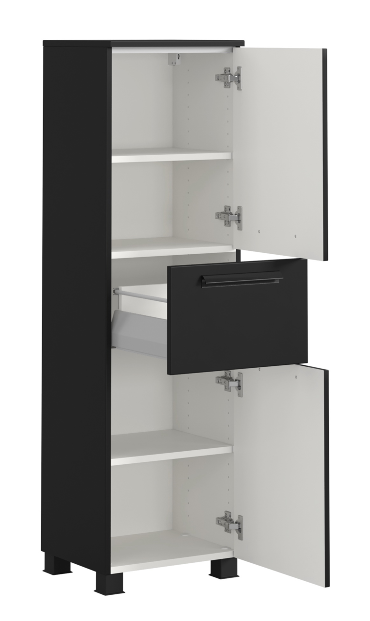 Schwarzer Midischrank mit offenen Türen und Schublade, seitliche Perspektive
