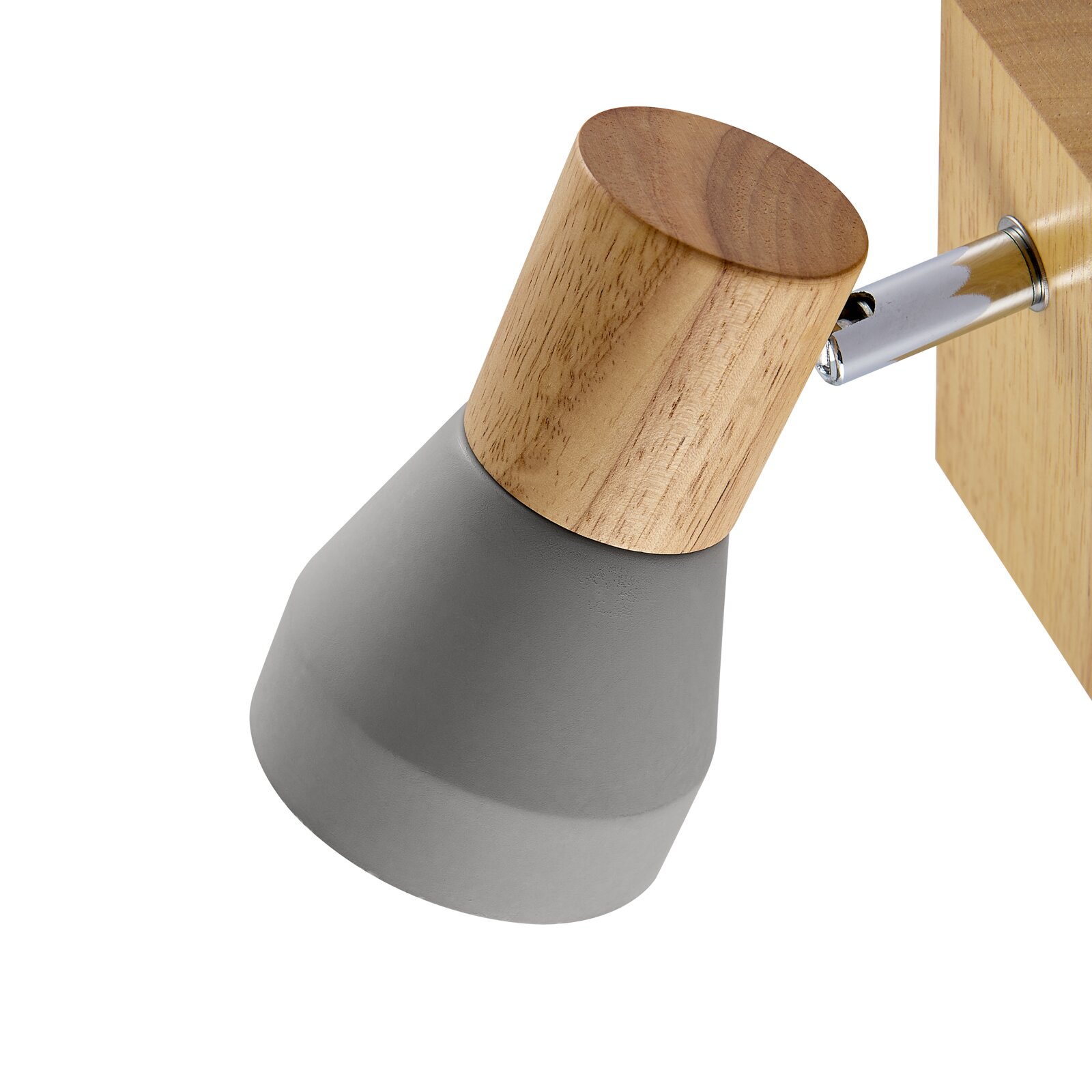 Moderner Strahler mit Holz- und Metallelementen, seitliche Perspektive